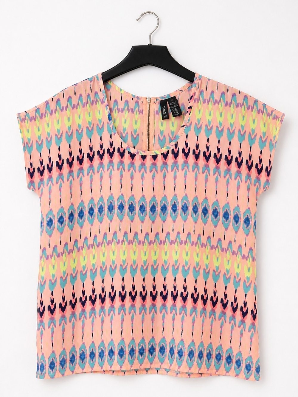Fun & Flirt Peach Multicolor Ikat Short-Sleeve Top